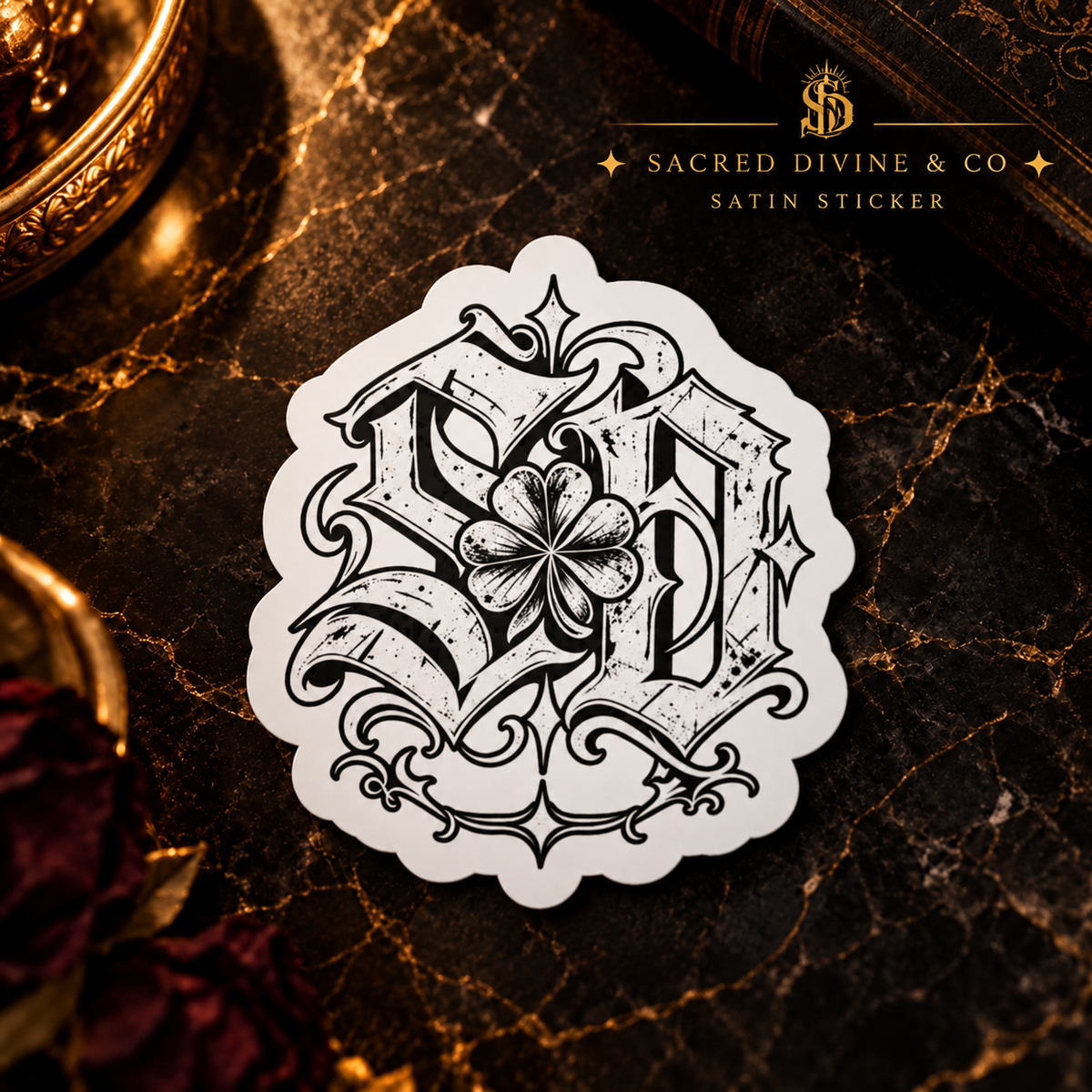 Gallery image 6: Clover SD Monogram Decal featuring black-and-white SD lettering, a four-leaf clover, and scrollwork.