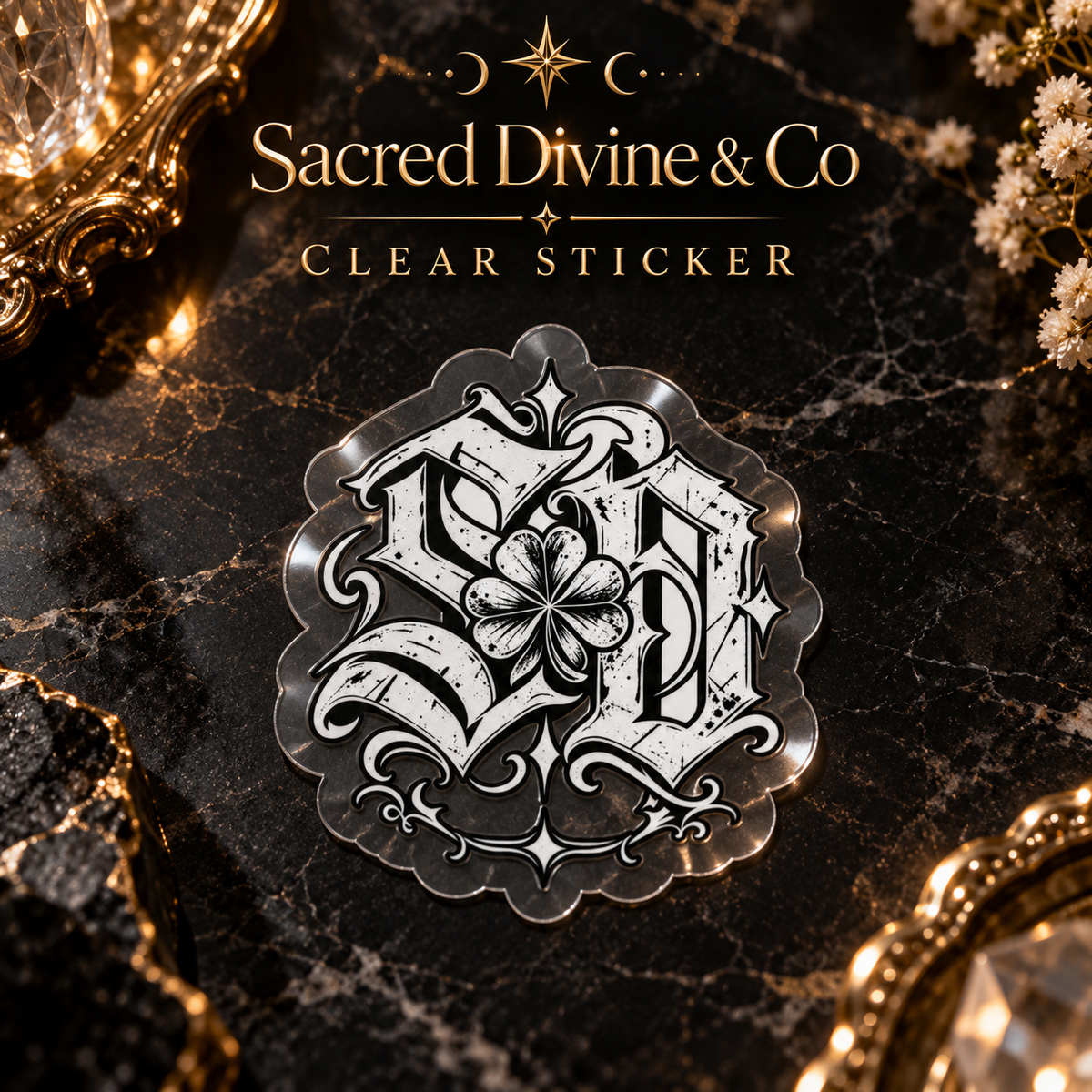 Gallery image 2: Clover SD Monogram Decal featuring black-and-white SD lettering, a four-leaf clover, and scrollwork.