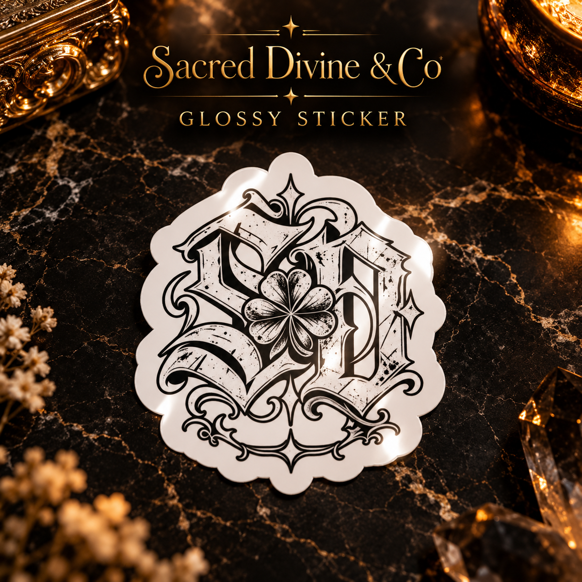 Gallery image 3: Clover SD Monogram Decal featuring black-and-white SD lettering, a four-leaf clover, and scrollwork.