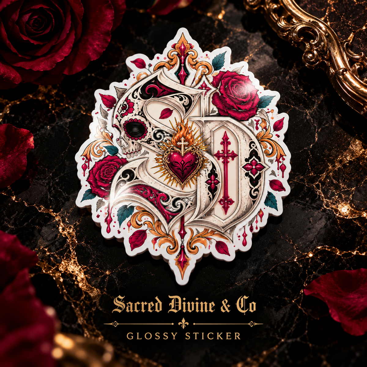 Gallery image 2: Sacred Heart Skull Crest Decal featuring skull, red roses, and a sacred heart in cream and gold detail.