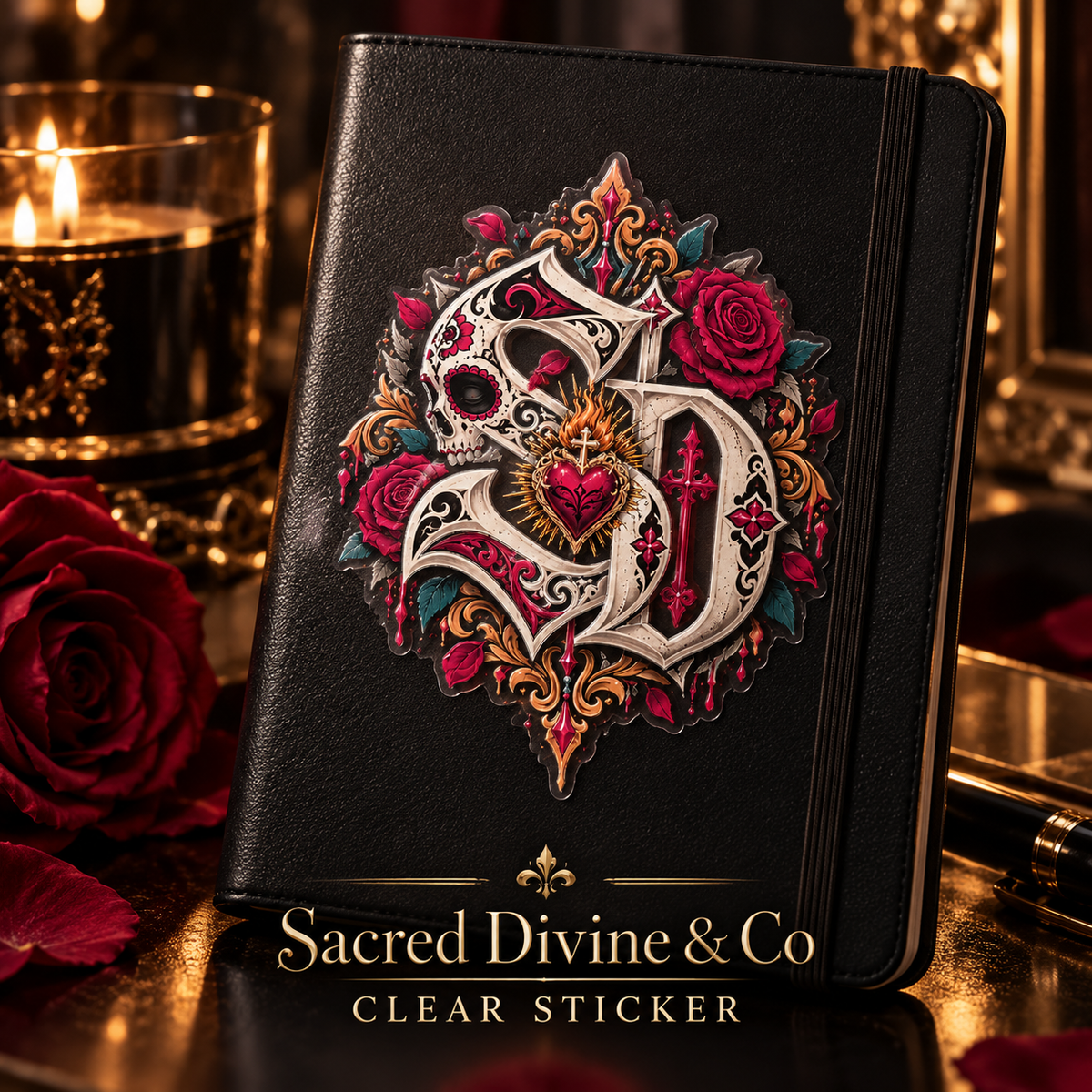 Gallery image 6: Sacred Heart Skull Crest Decal featuring skull, red roses, and a sacred heart in cream and gold detail.