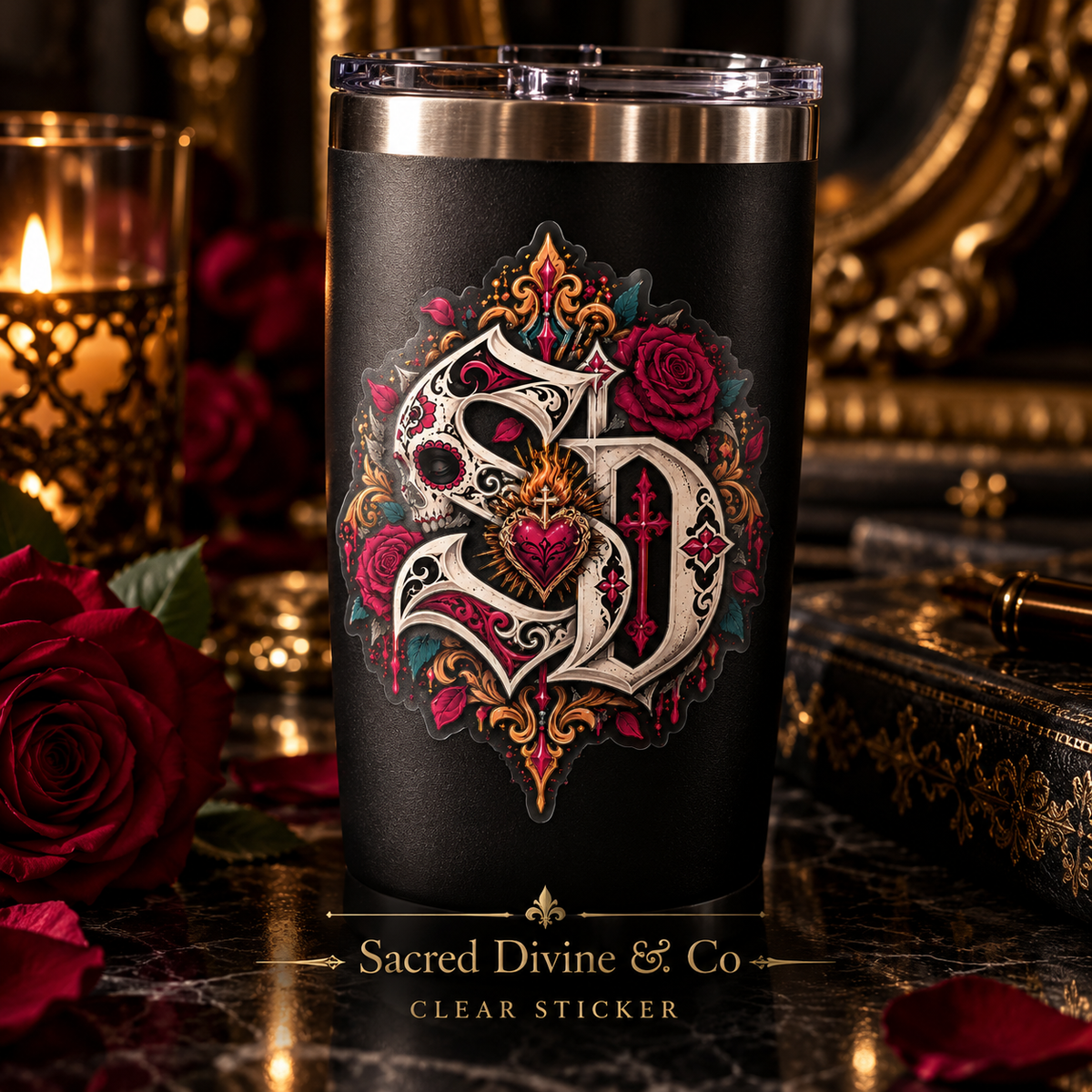 Gallery image 5: Sacred Heart Skull Crest Decal featuring skull, red roses, and a sacred heart in cream and gold detail.
