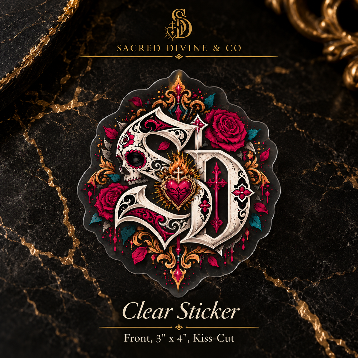 Gallery image 4: Sacred Heart Skull Crest Decal featuring skull, red roses, and a sacred heart in cream and gold detail.