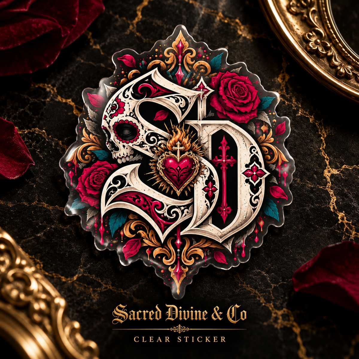 Gallery image 3: Sacred Heart Skull Crest Decal featuring skull, red roses, and a sacred heart in cream and gold detail.