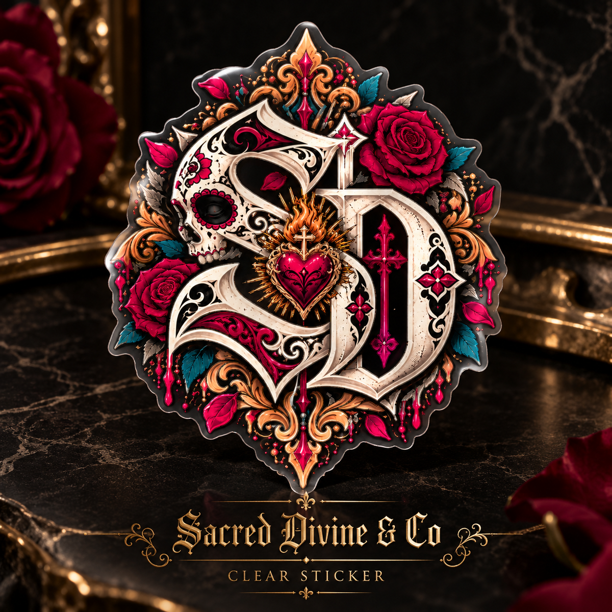 Kiss-cut decal with a skull, red roses, and a red sacred heart in ornate cream and gold detail.