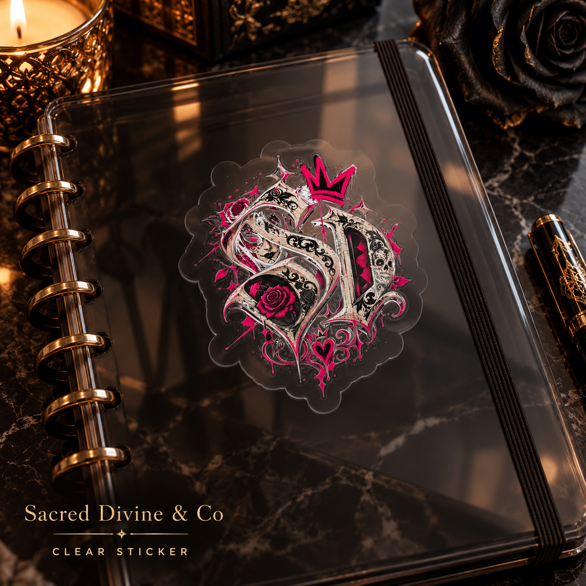Gallery image 5: Pink Skull Rose Monogram Decal featuring pink-accented SD monogram with skull details and roses.