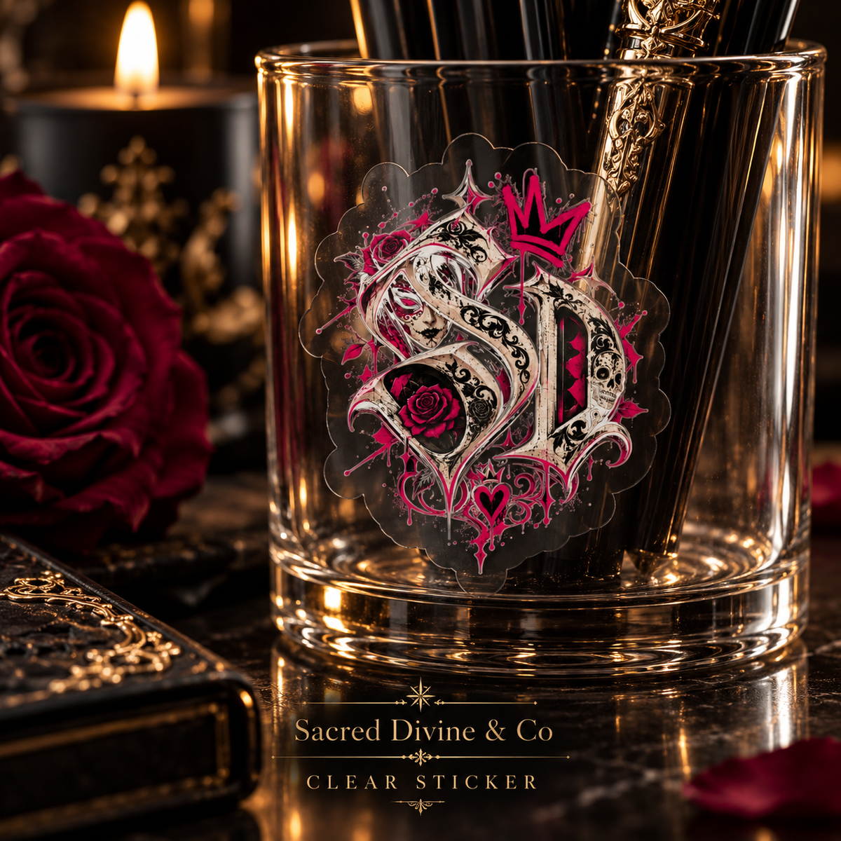 Gallery image 3: Pink Skull Rose Monogram Decal featuring pink-accented SD monogram with skull details and roses.