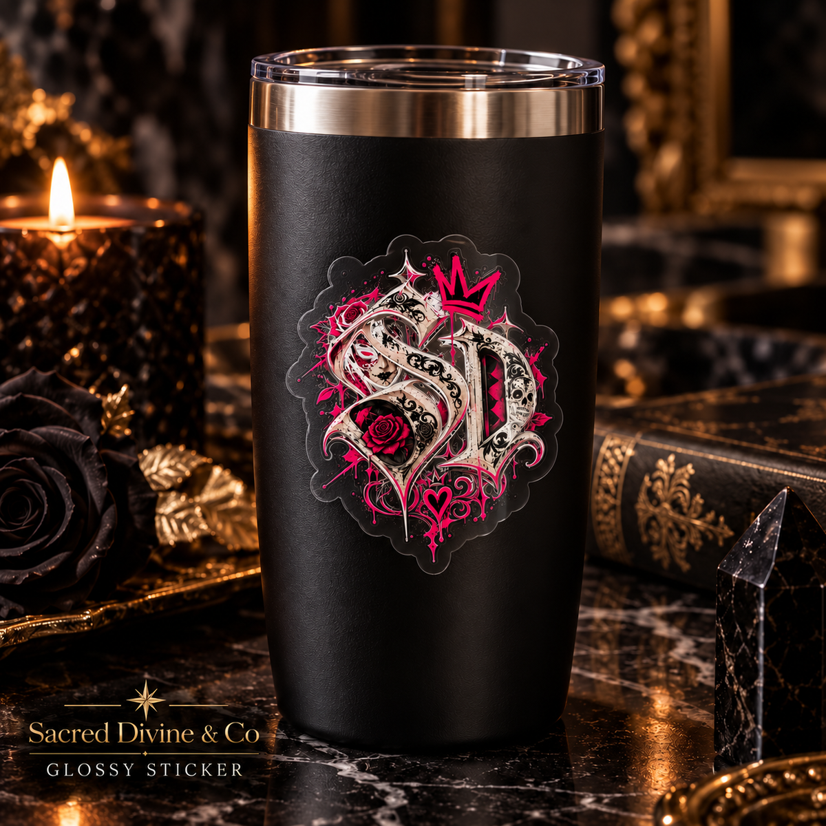 Gallery image 4: Pink Skull Rose Monogram Decal featuring pink-accented SD monogram with skull details and roses.