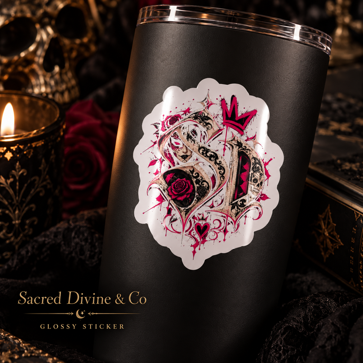 Gallery image 6: Pink Skull Rose Monogram Decal featuring pink-accented SD monogram with skull details and roses.