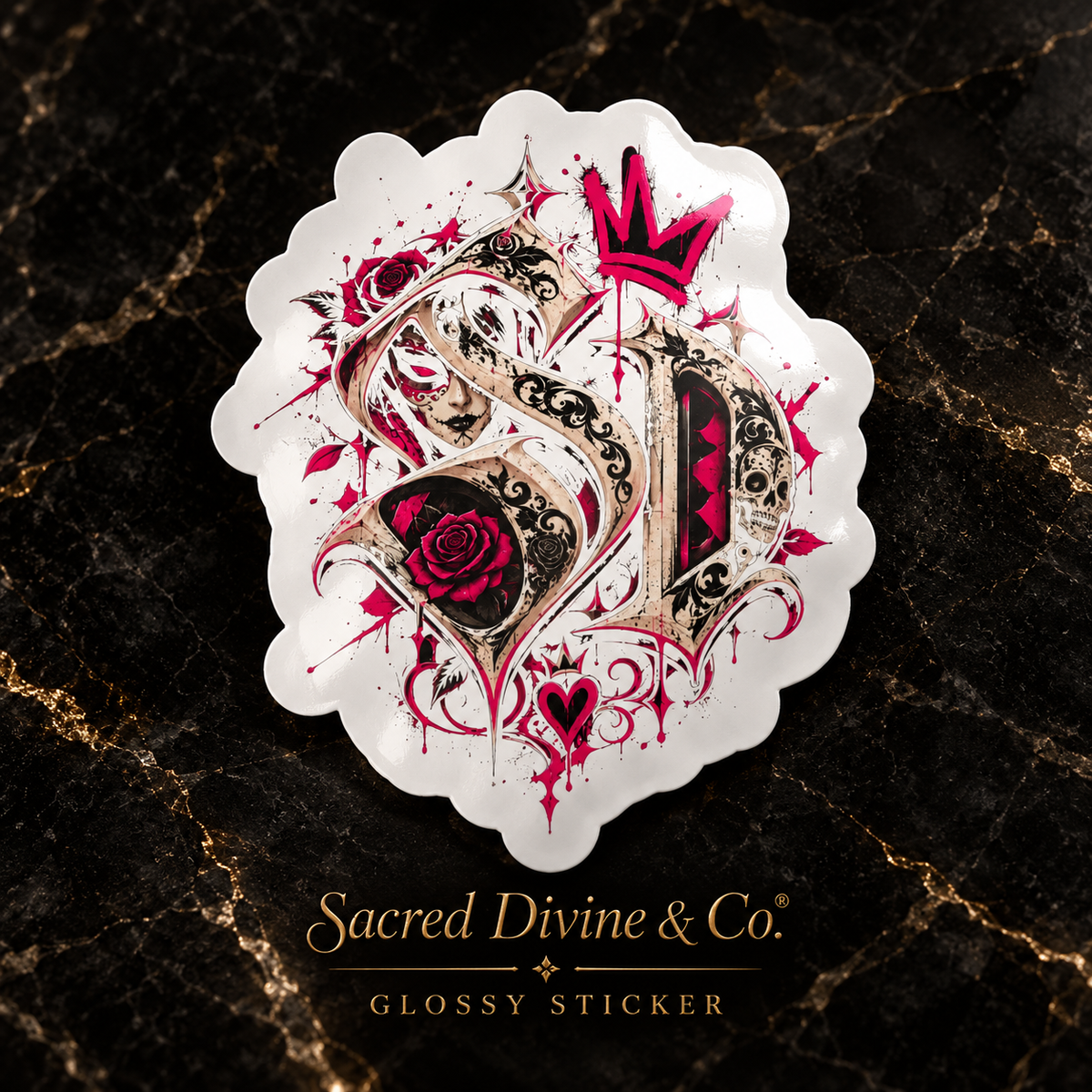 Gallery image 2: Pink Skull Rose Monogram Decal featuring pink-accented SD monogram with skull details and roses.