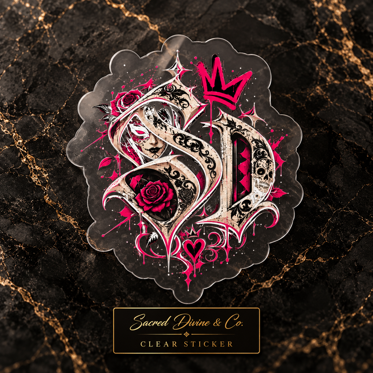 Clear kiss-cut decal with a pink-accented SD monogram, skull details, and roses.