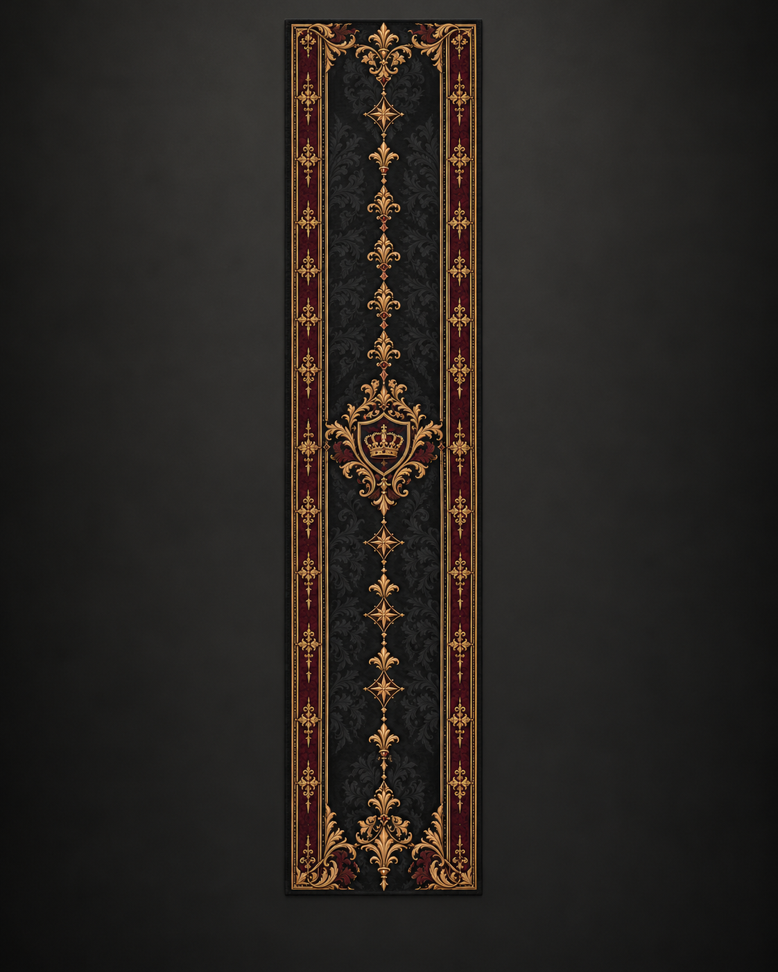 Black polyester table runner with antique-gold scrollwork and a burgundy border.