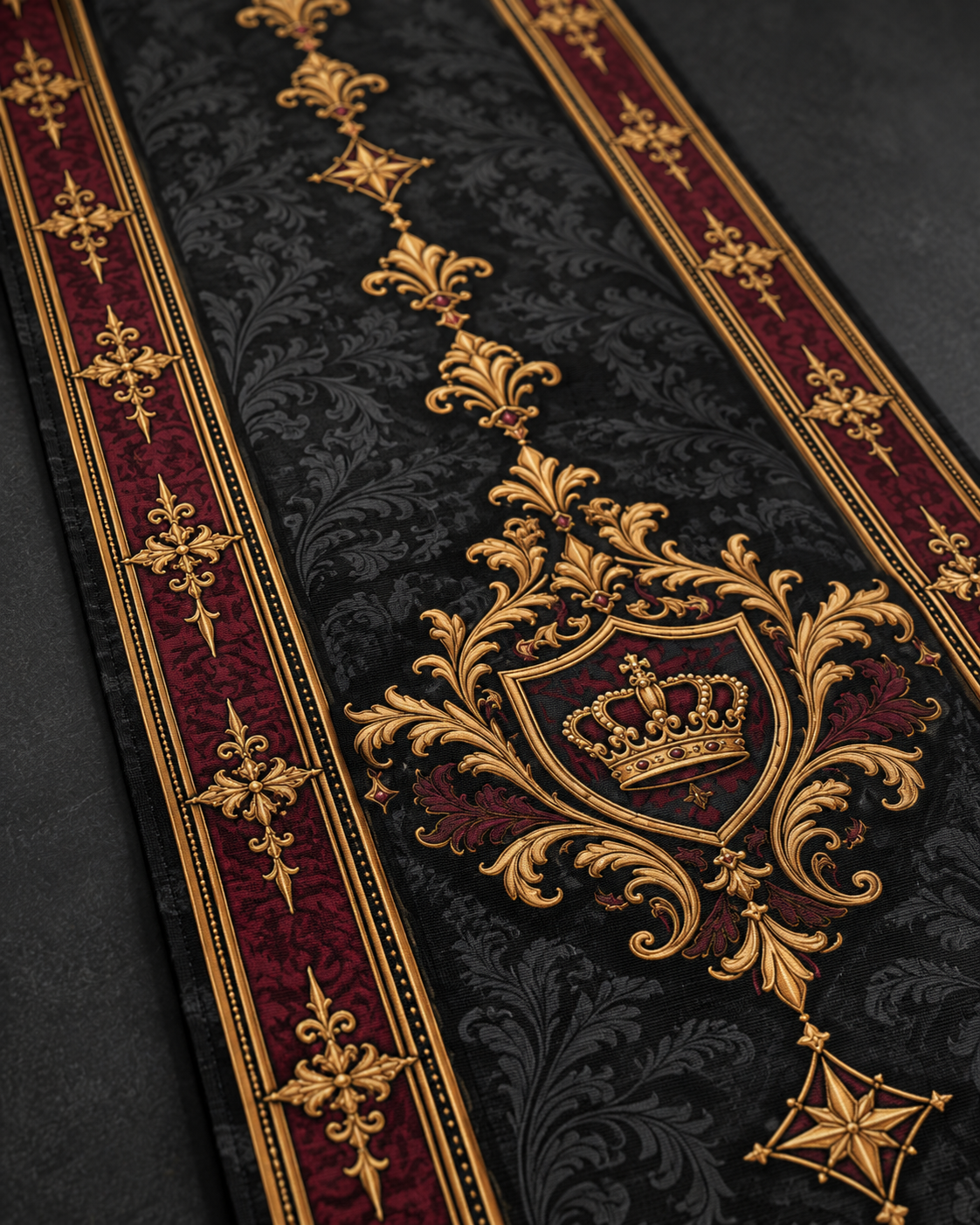 Gallery image 4: Vintage Baroque Gothic Table Runner featuring black polyester table runner with antique-gold scrollwork and a burgundy border.
