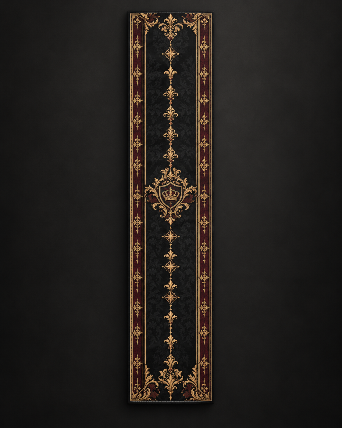 Black and gold baroque table runner with ornate scrolling borders and a centered fleur-de-lis-inspired motif.