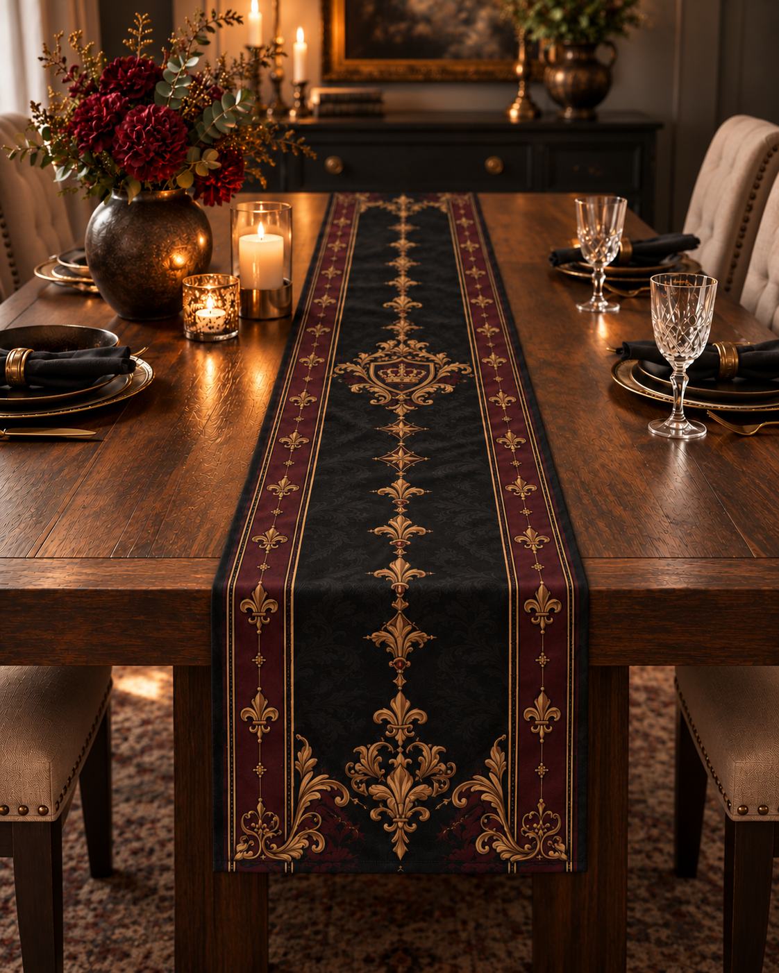 Gallery image 4: Black and Gold Baroque Table Runner featuring black and gold baroque table runner with scrolling borders and a fleur-de-lis-inspired center.