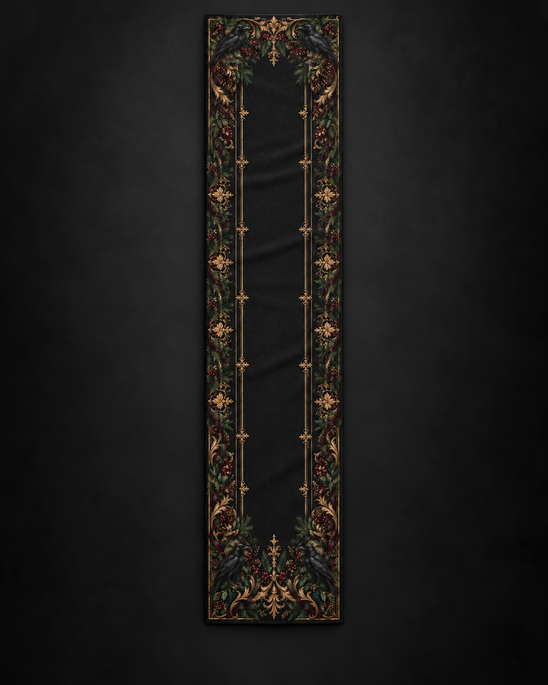 Polyester table runner with a richly detailed gothic floral design in dark, moody colors.