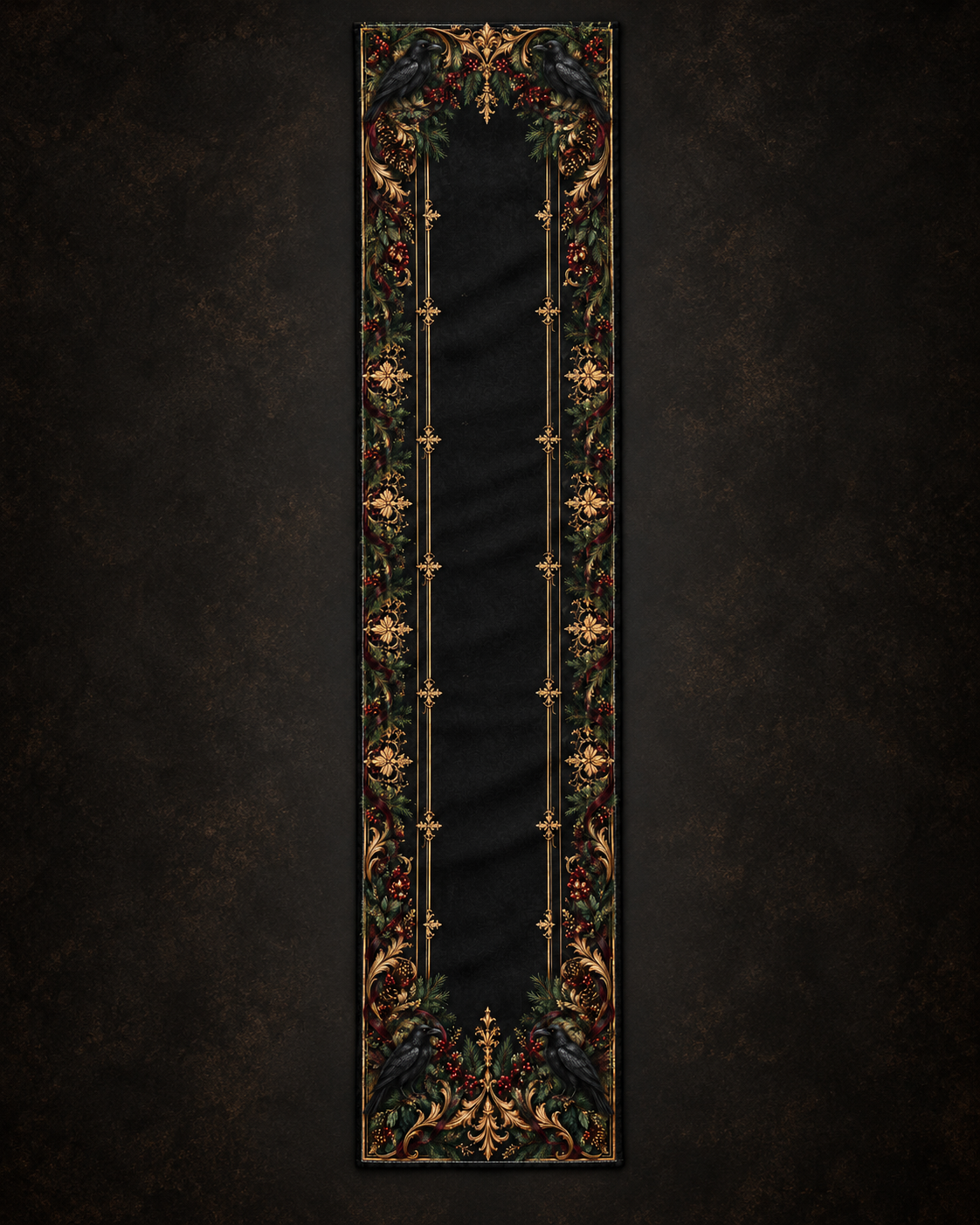 Cotton twill table runner with ornate botanical flourishes in black, muted green, warm gold, and berry tones.