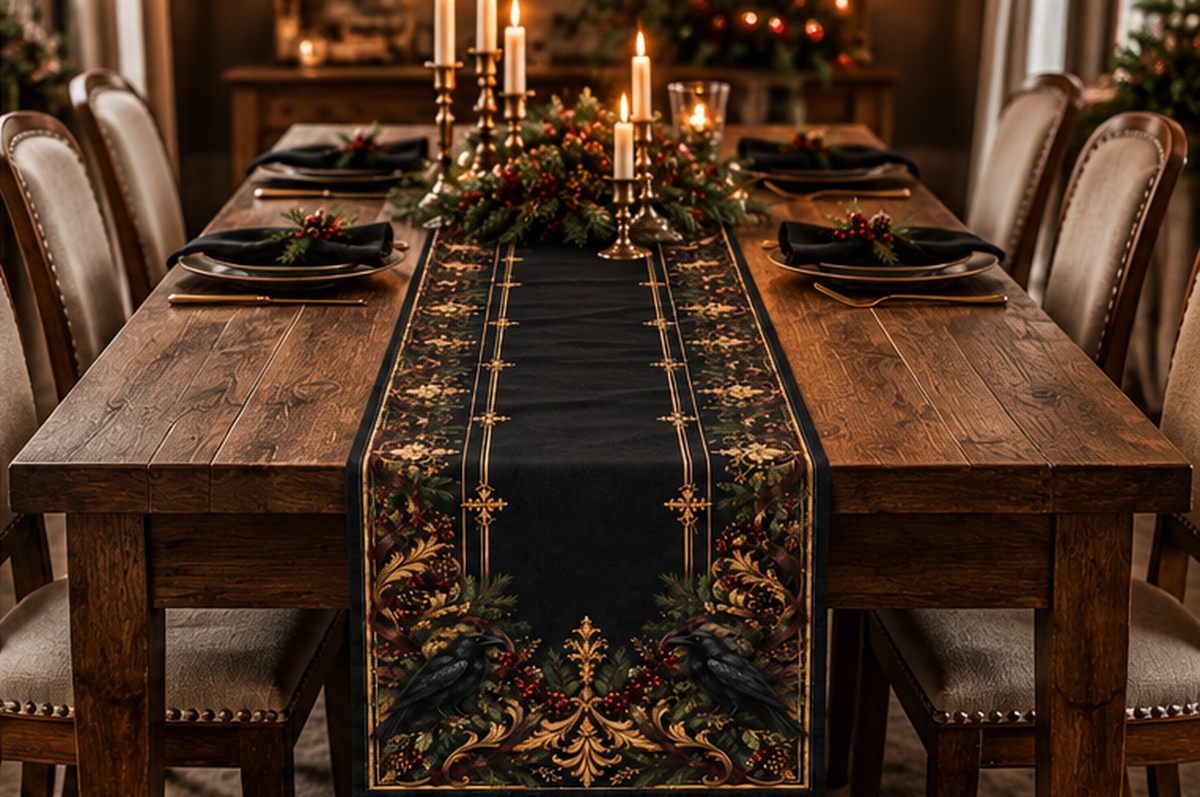 Gallery image 5: Gothic Floral Table Runner featuring cotton twill table runner with ornate botanical flourishes in black, muted green, warm gold, and berry tones.