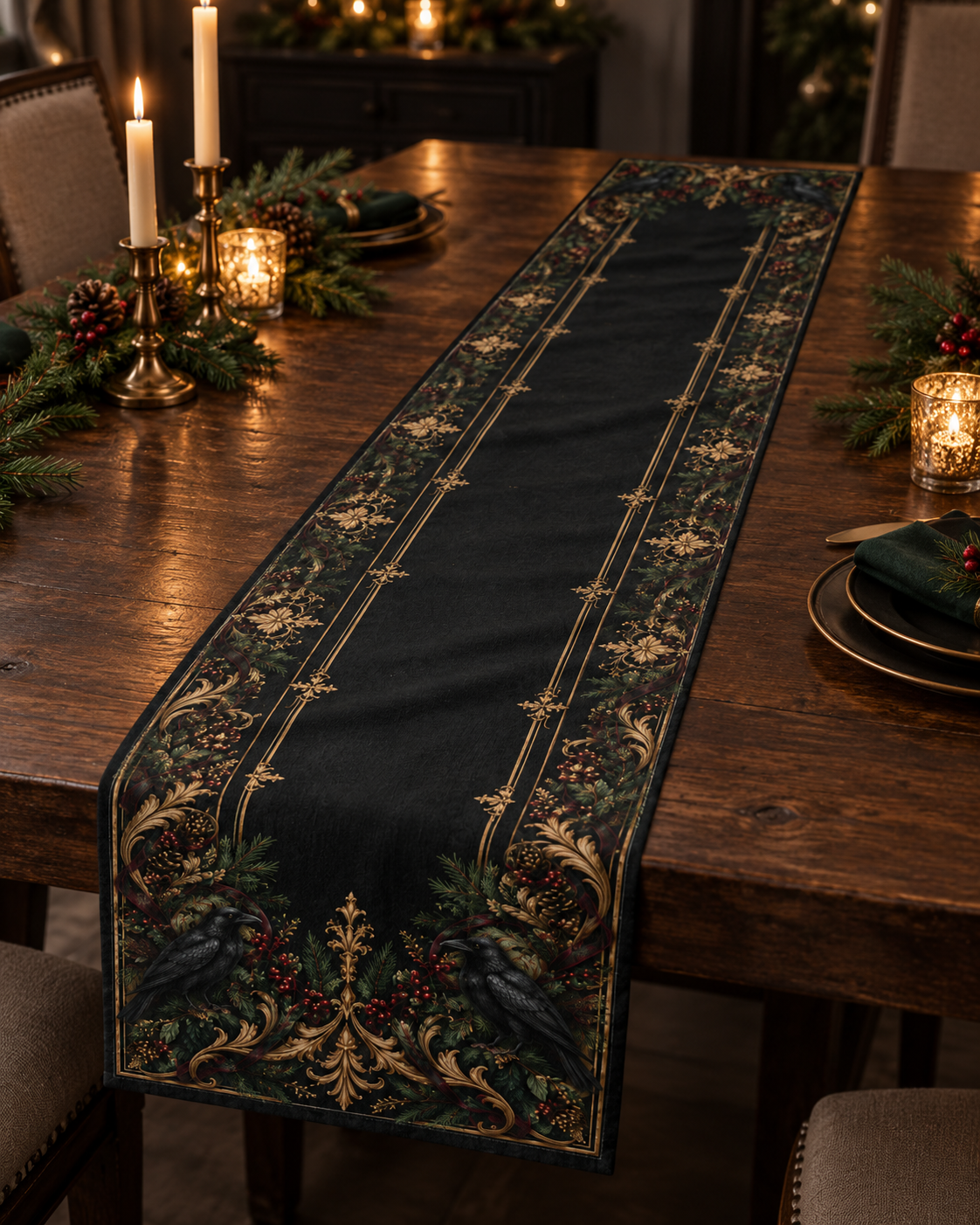 Gallery image 4: Gothic Floral Table Runner featuring cotton twill table runner with ornate botanical flourishes in black, muted green, warm gold, and berry tones.