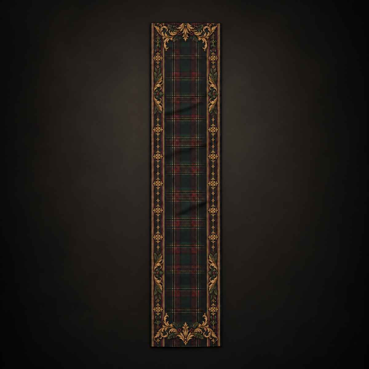 Polyester table runner with deep tartan plaid and an ornate golden floral border.