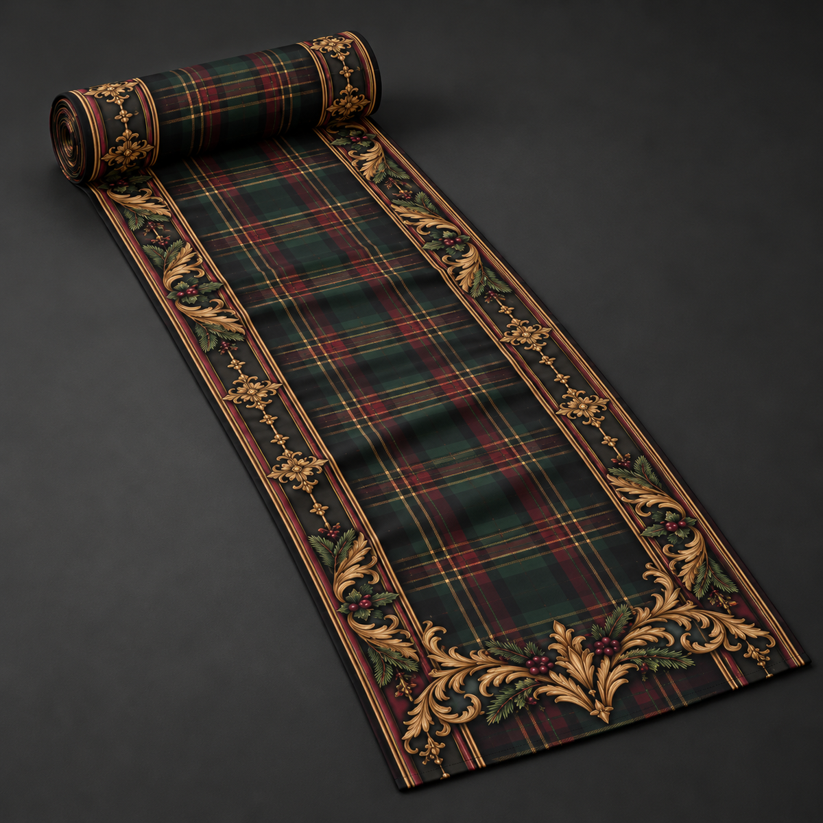 Gallery image 4: Tartan Plaid Floral Border Table Runner featuring polyester table runner with tartan plaid and a golden floral border.