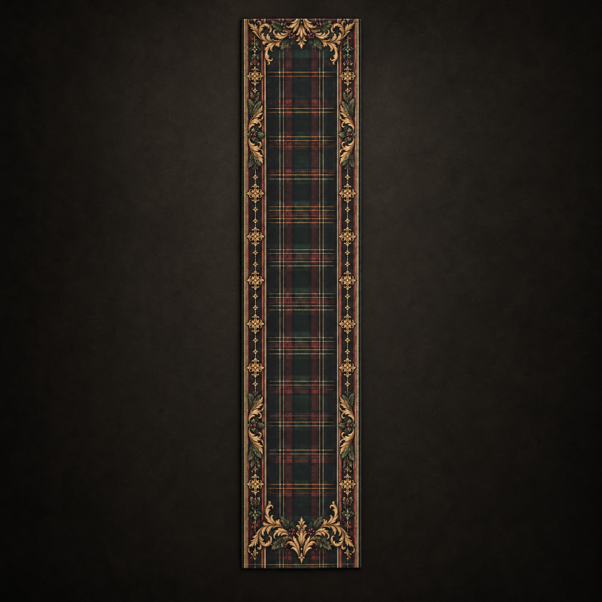 Cotton twill table runner with deep tartan plaid and vintage ornamental flourishes.
