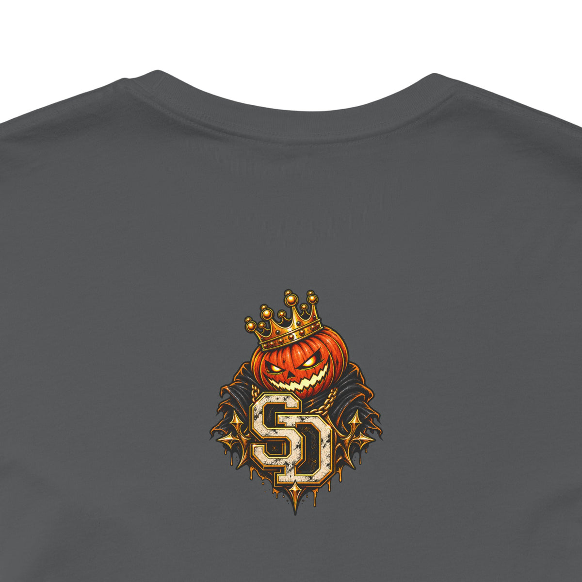 Pumpkin King Streetwear Tee product mockup featuring crowned pumpkin king Halloween artwork