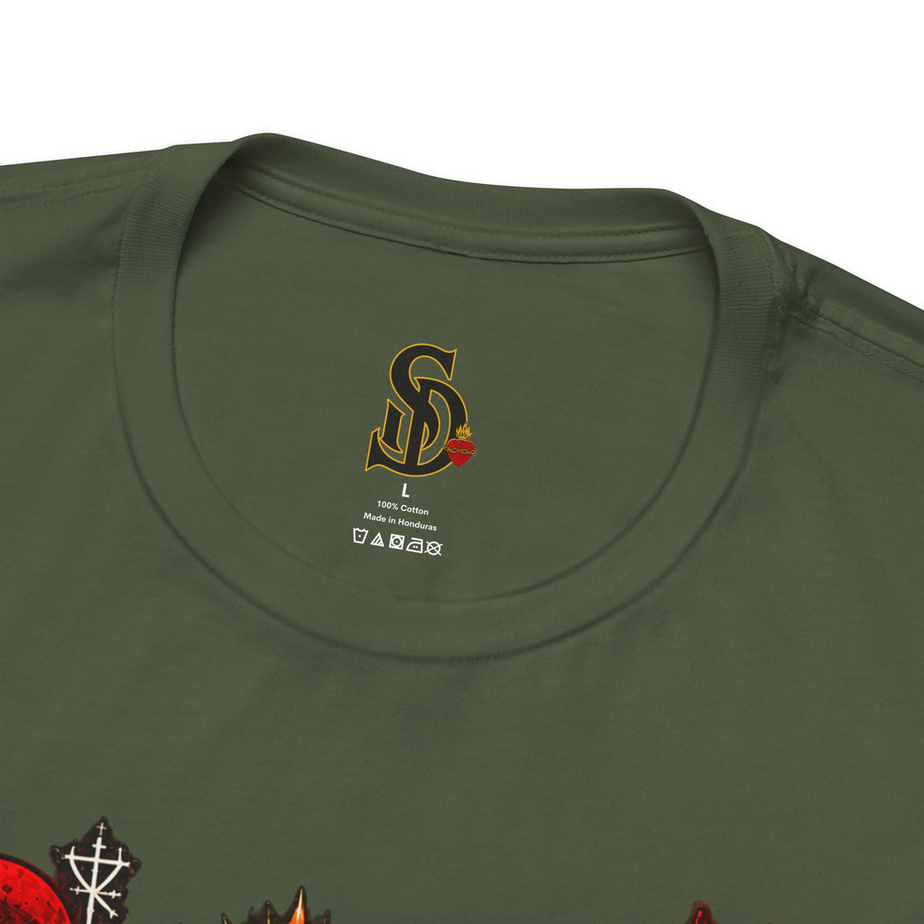 Day of the Dead Gothic Tee product mockup with skeletal Day of the Dead artwork and red accents