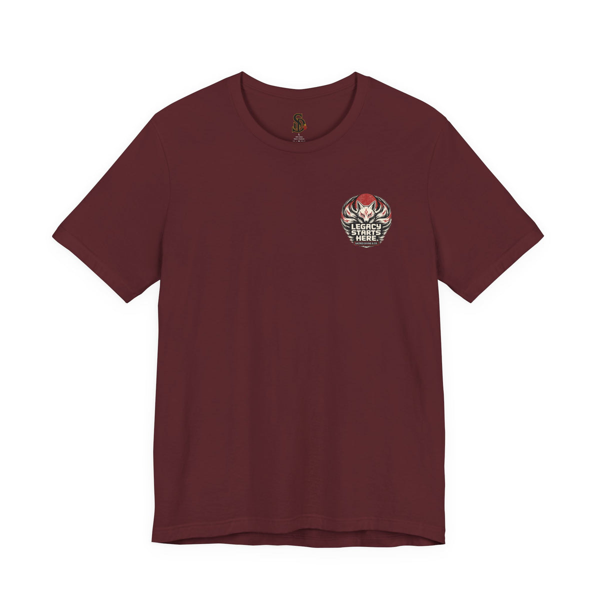 Legacy Starts Here Tee Nine-Tailed Fox maroon front flat-lay — Kitsune fox Legacy Starts Here Sacred Divine & Co. circular crest left chest graphic