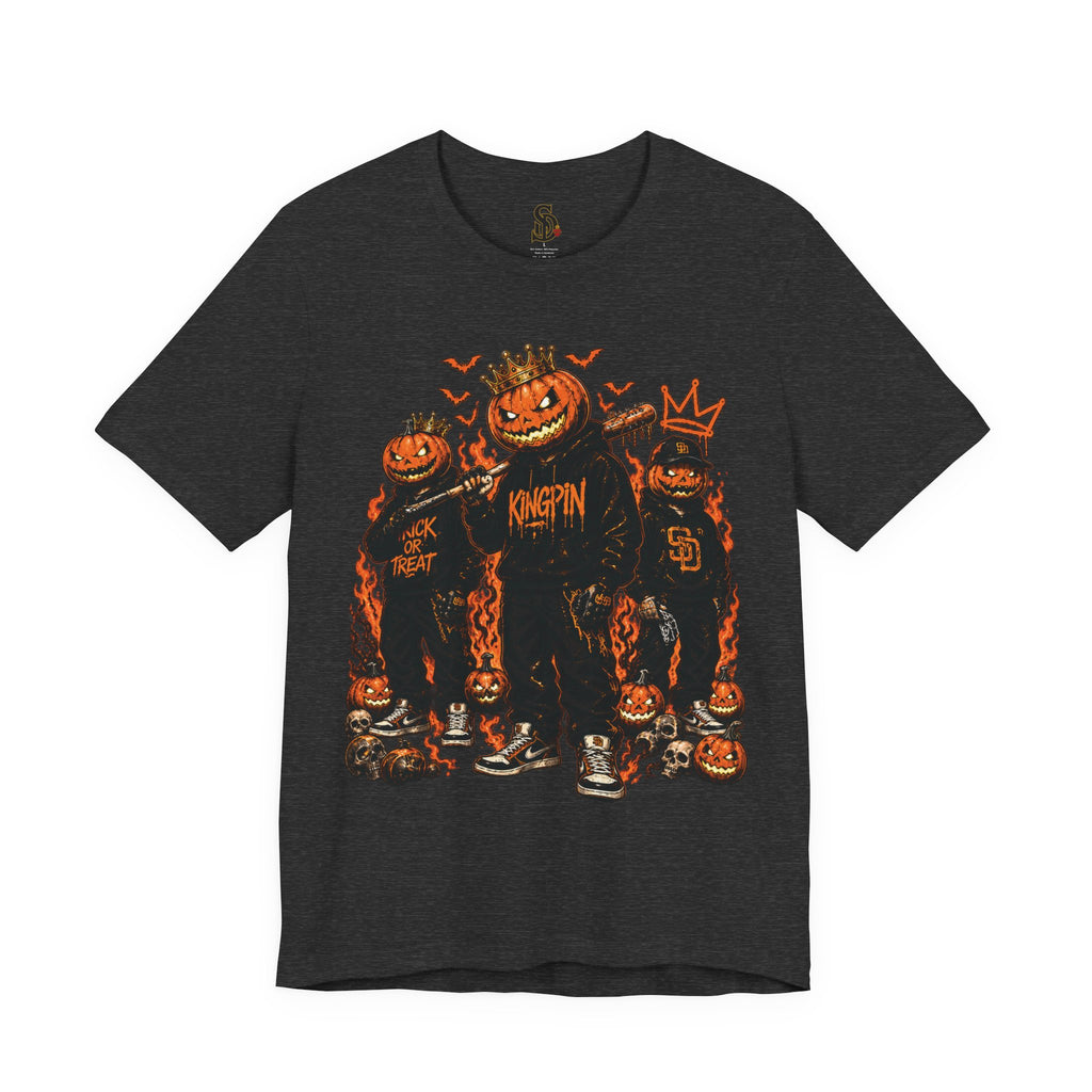 Pumpkin Kingpin Crew Tee product mockup featuring crowned jack-o'-lantern kingpin and crew artwork