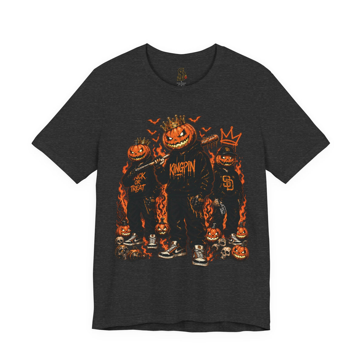 Pumpkin Kingpin Crew Tee product mockup featuring crowned jack-o'-lantern kingpin and crew artwork