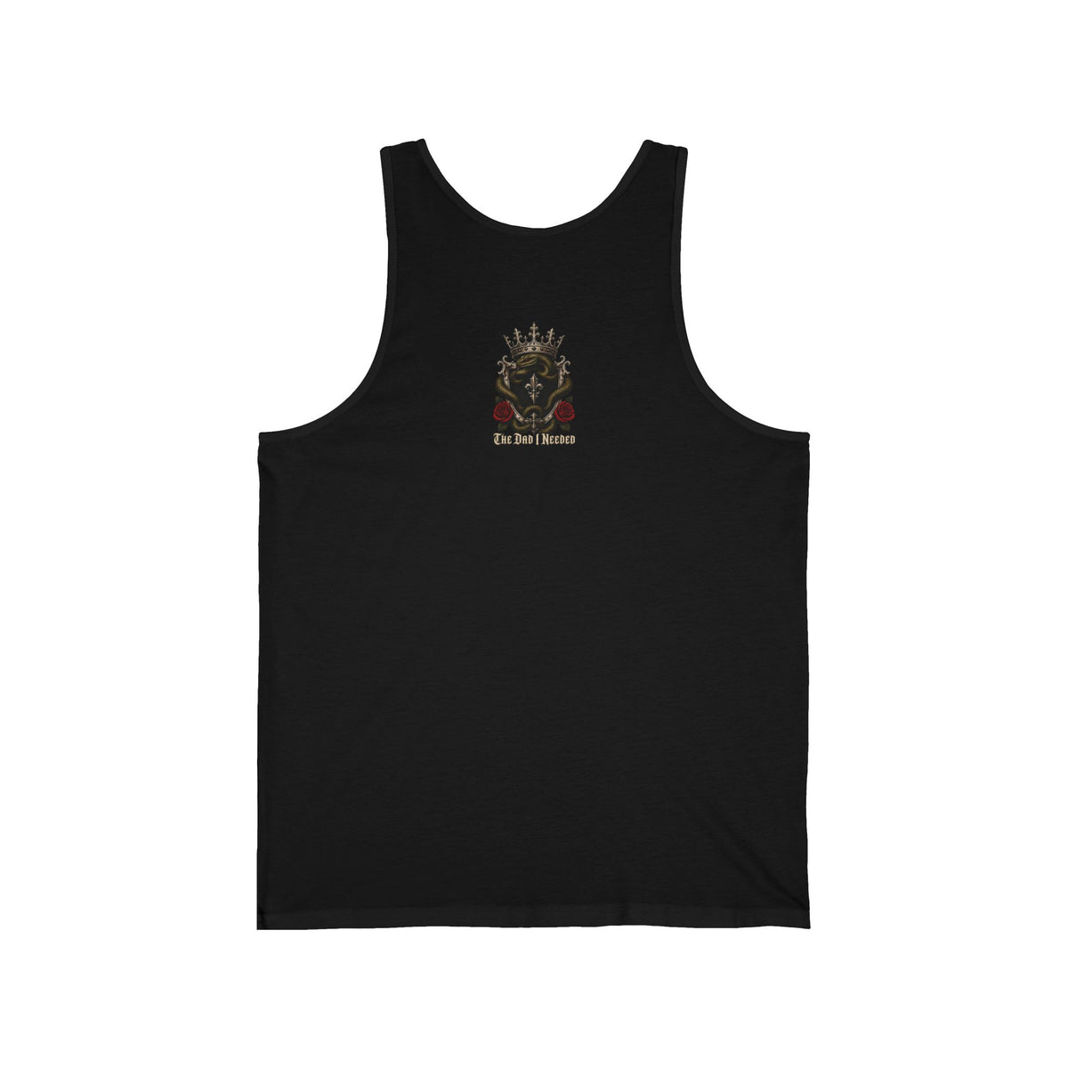 Family First Always Tank black back flat-lay — The Dad I Needed gothic crown crest with snake and red roses upper back graphic