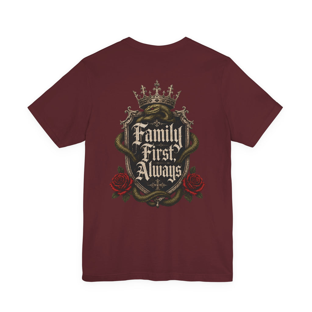 Family First Always Tee maroon back flat-lay — Family First Always gothic crest full back graphic with Sacred Divine & Co. wordmark