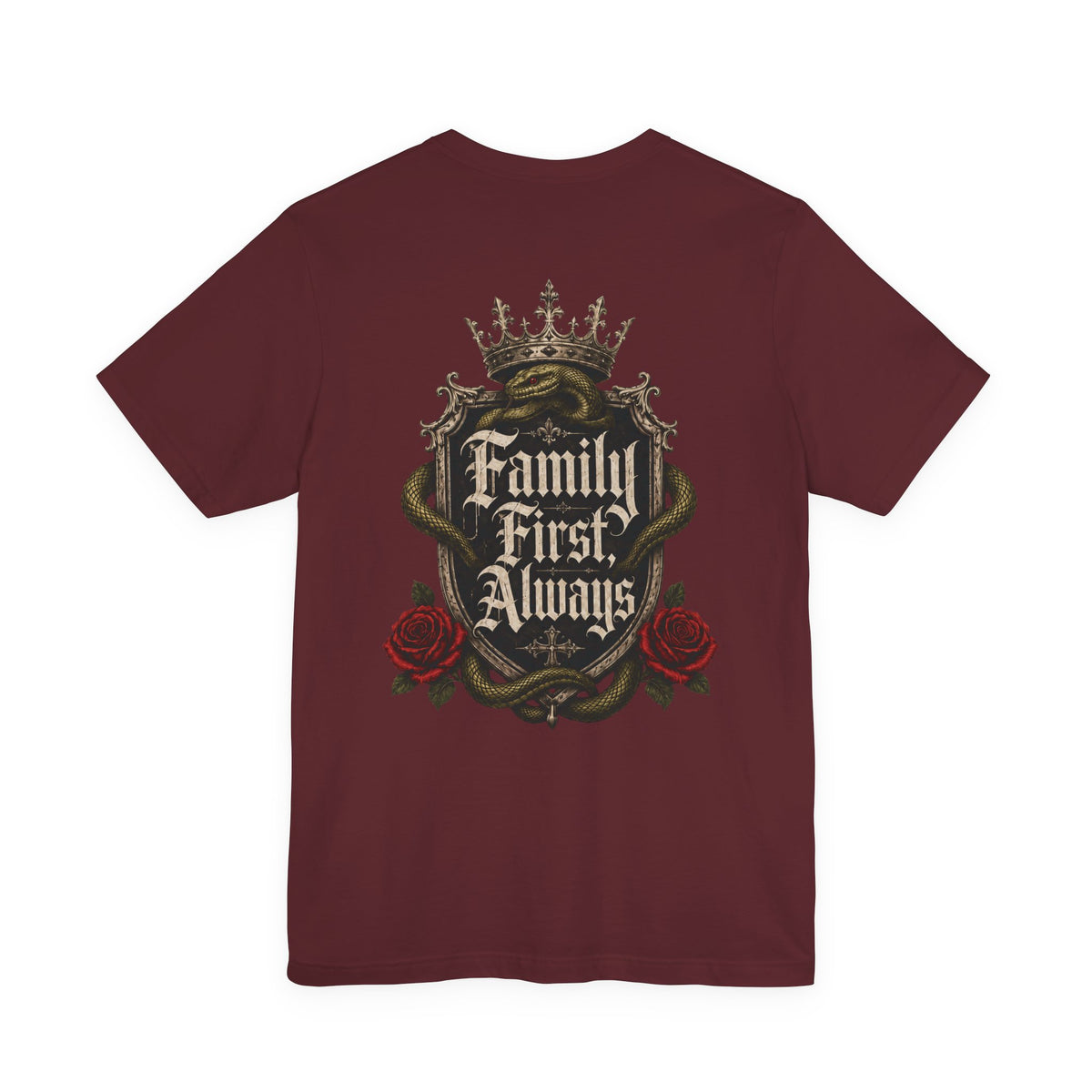 Family First Always Tee maroon back flat-lay — Family First Always gothic crest full back graphic with Sacred Divine & Co. wordmark