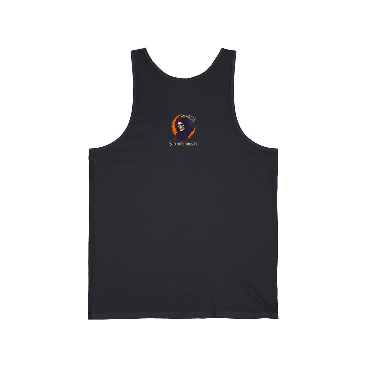 Grim Reaper Pegasus Tank dark grey back flat-lay — Grim Reaper skull flame circle Sacred Divine & Co. left chest logo