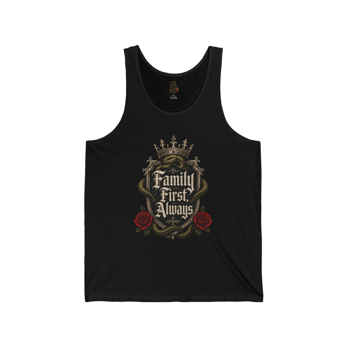 Family First Always Tank black front flat-lay — Family First Always gothic crown crest with snake and red roses center graphic