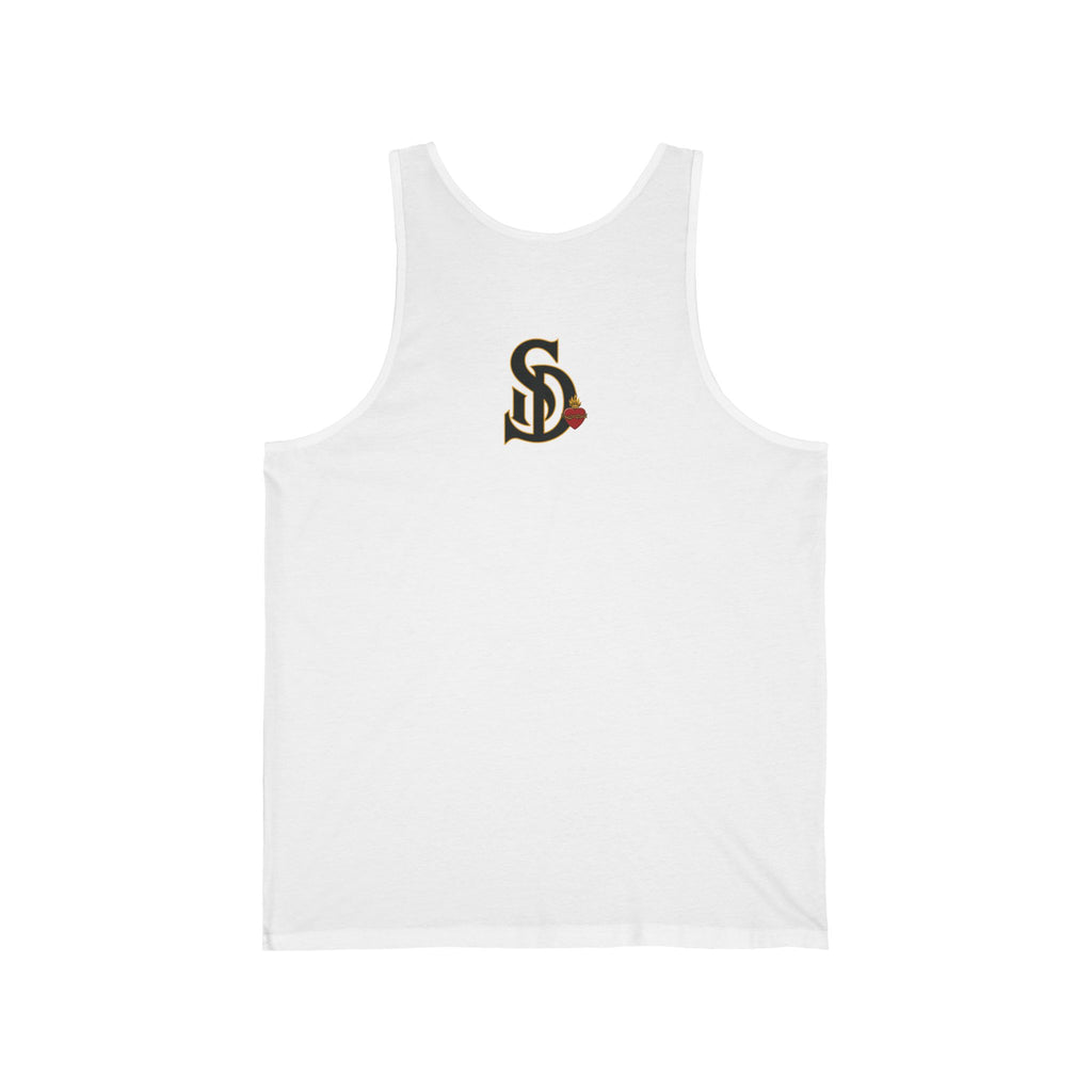 Father First Papa Bear Tank white back flat-lay — Sacred Divine & Co. SD monogram upper back graphic