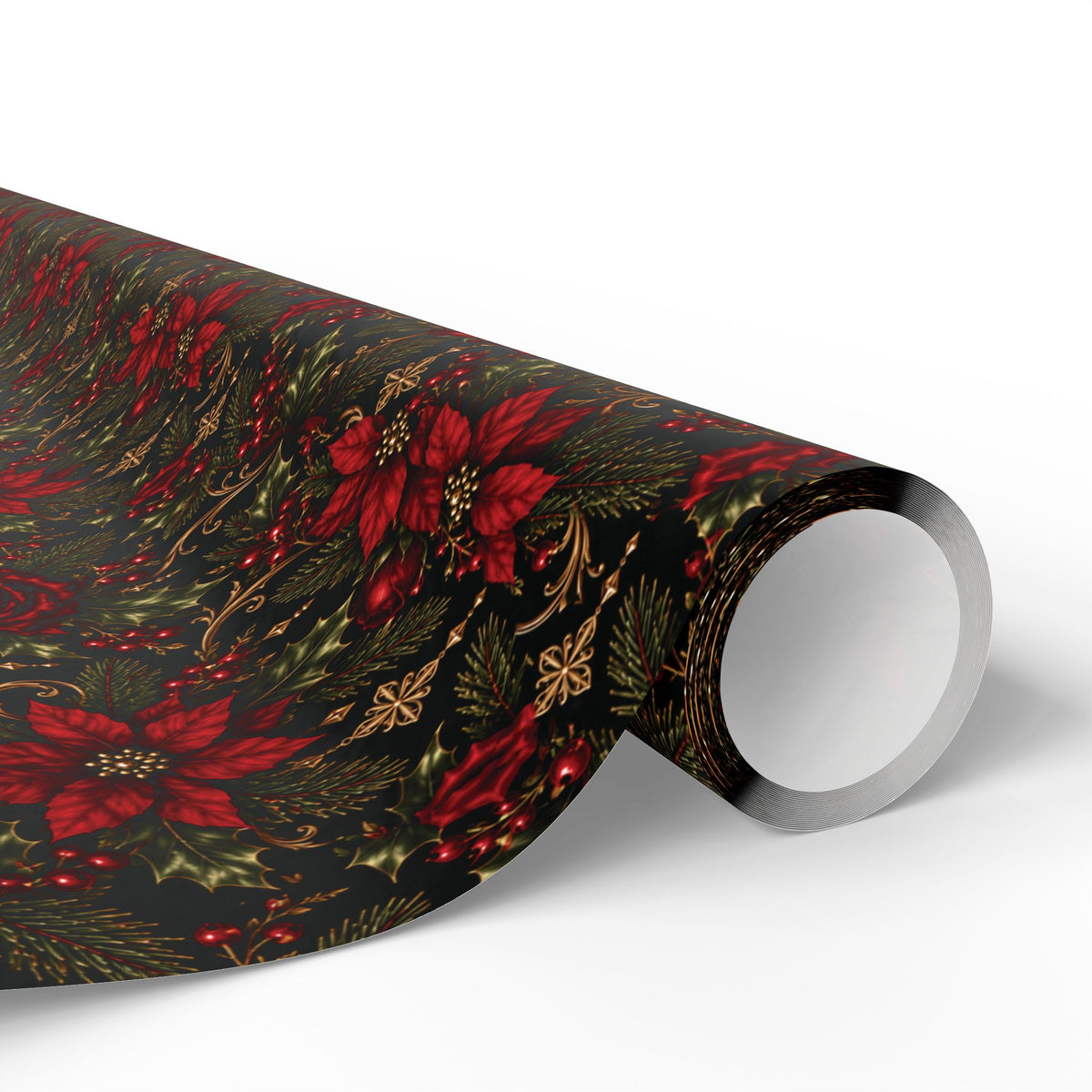 Close-up of a Dark Botanical Floral wrapping paper roll curling outward, showing dark paper with deep red flowers and shadowy greenery.
