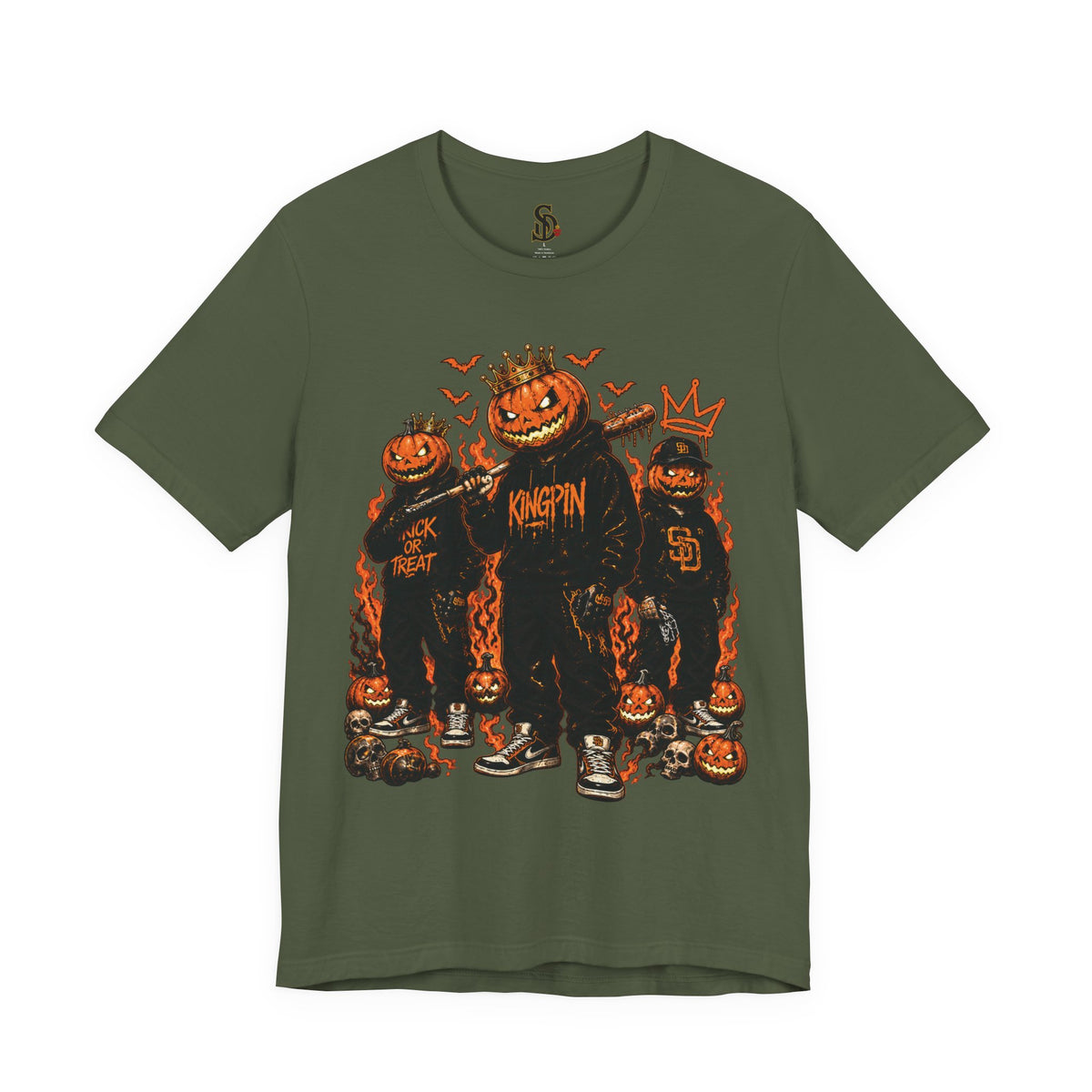Pumpkin Kingpin Crew Tee product mockup featuring crowned jack-o'-lantern kingpin and crew artwork