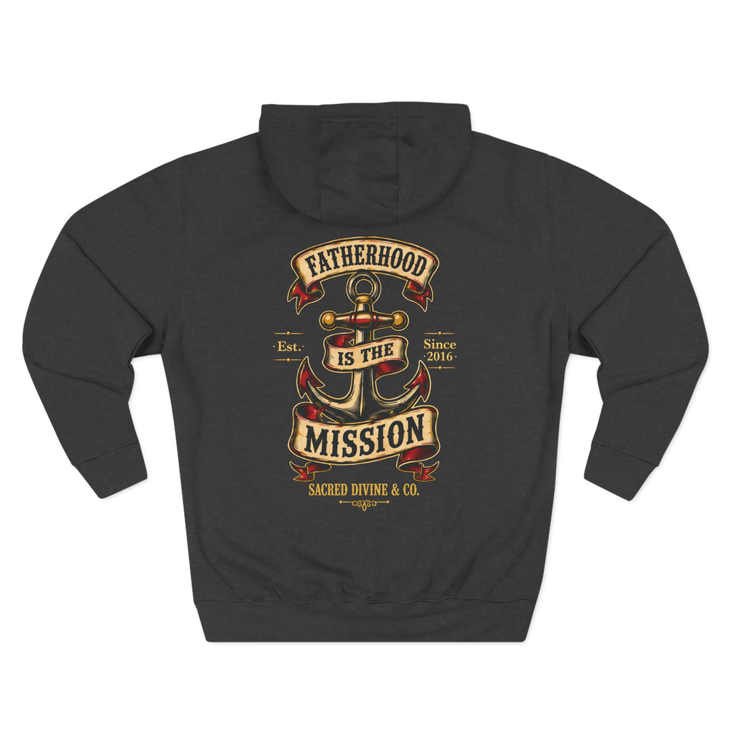 Fatherhood Anchor Hoodie charcoal heather back flat-lay — Fatherhood Is the Mission vintage anchor banner full back graphic with Sacred Divine & Co. wordmark