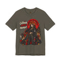 Catrina After Midnight Tee product mockup with Catrina sugar-skull artwork, crimson roses, and red sun
