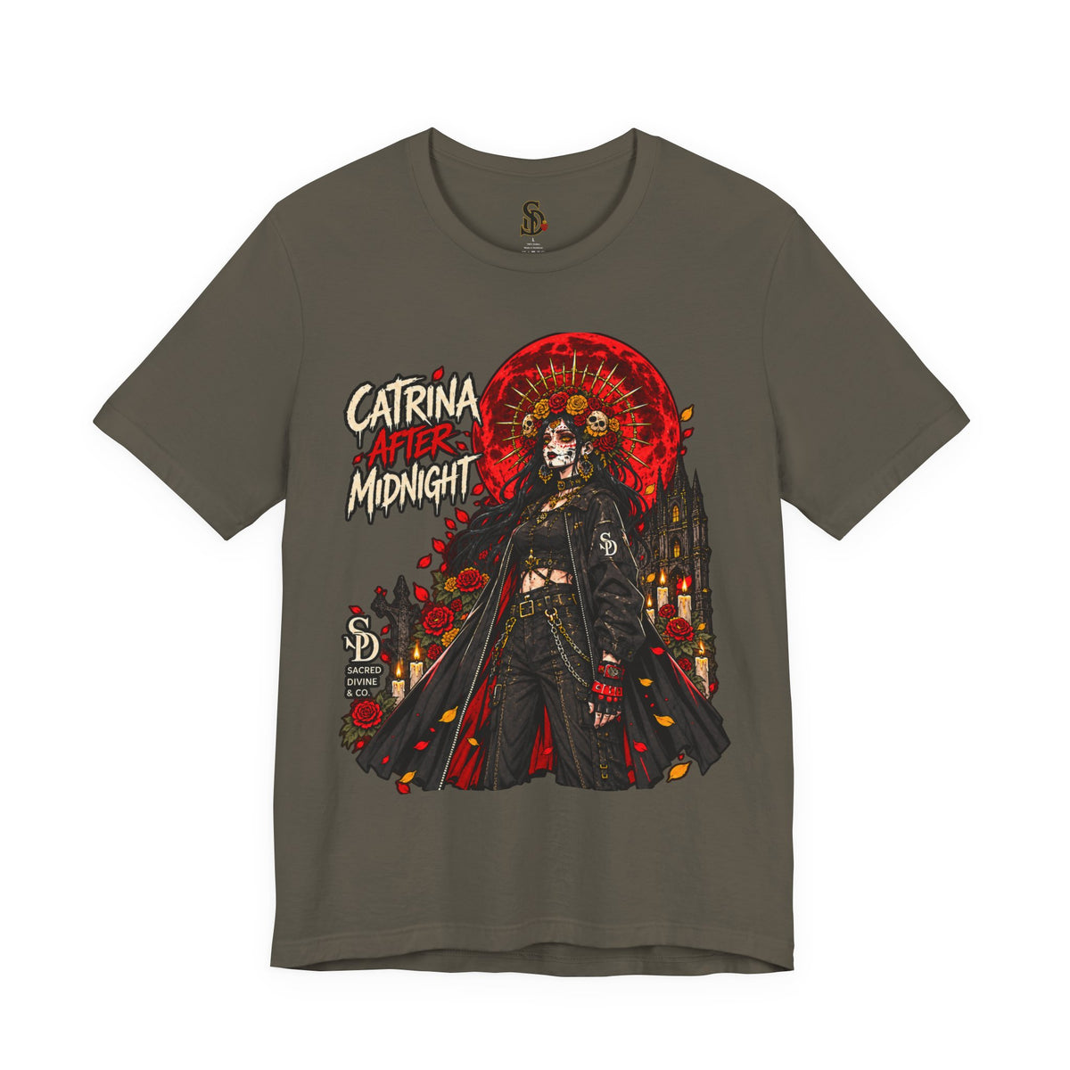 Catrina After Midnight Tee product mockup with Catrina sugar-skull artwork, crimson roses, and red sun