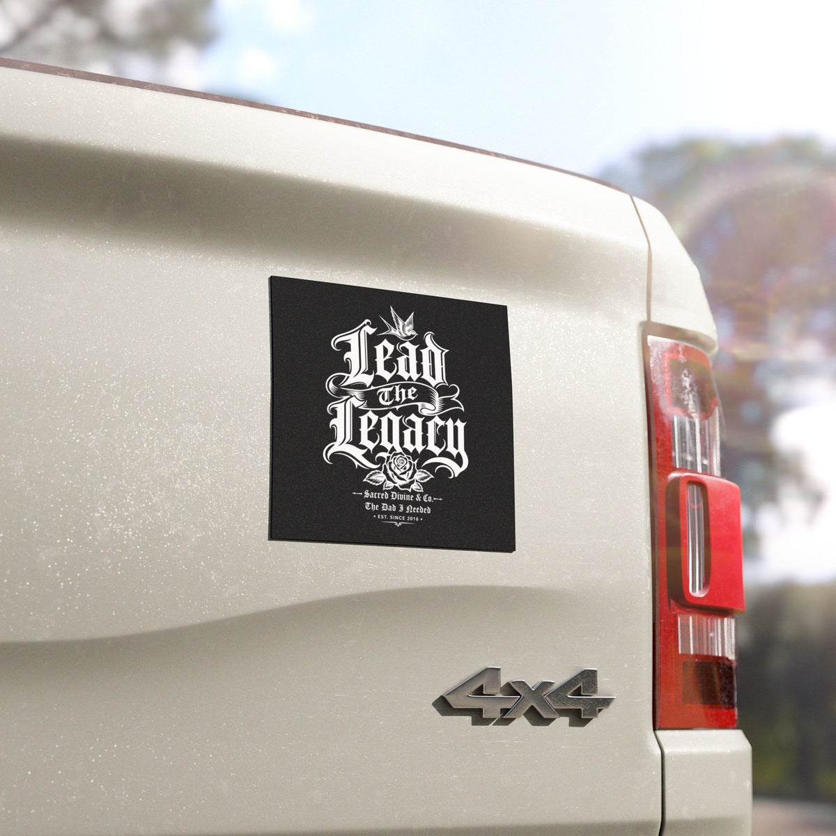 Sacred Divine & Co. Lead the Legacy Car Magnet — Bold Gothic Script Rose Design