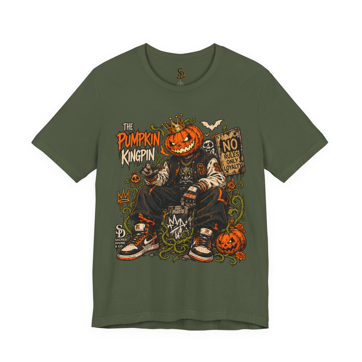 The Pumpkin Kingpin Tee product mockup with crowned jack-o'-lantern holding a No Rules Only Loyalty sign