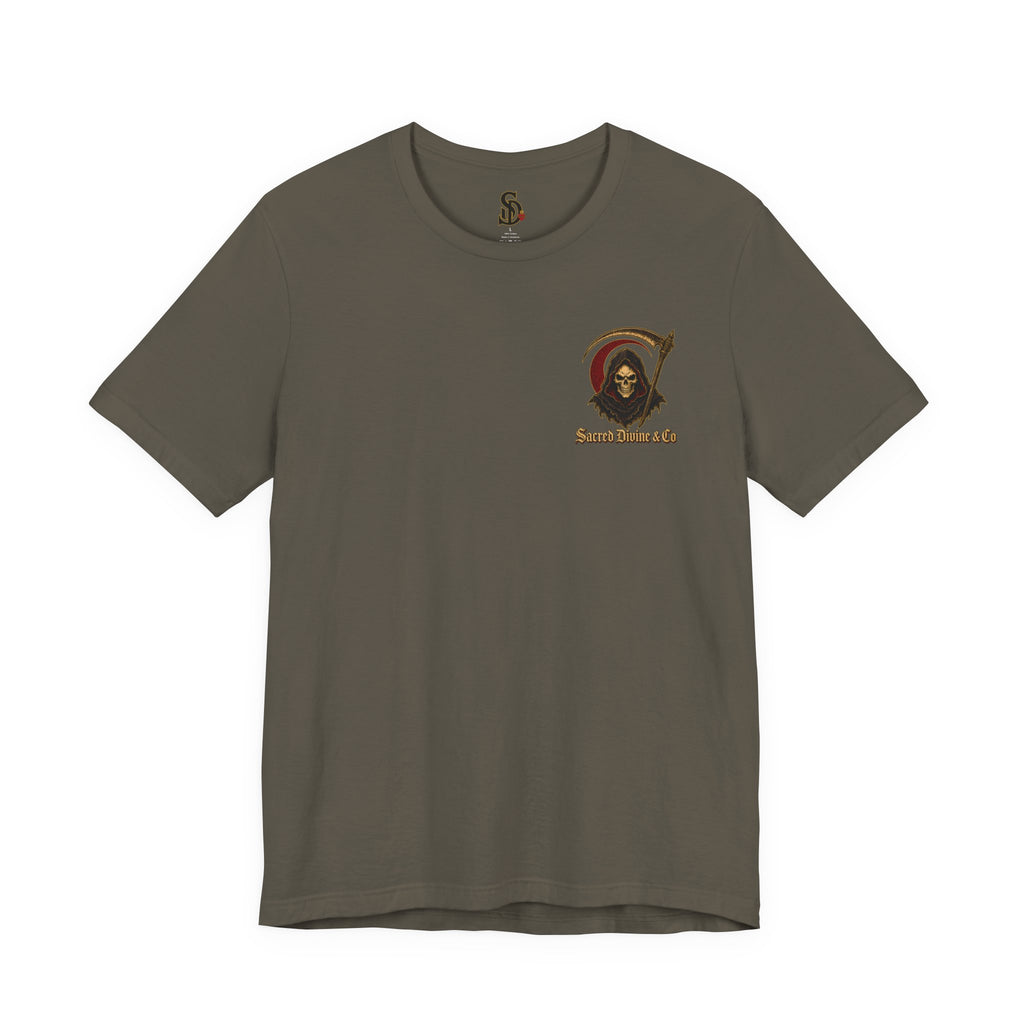 Grim Reaper Graphic Tee army front flat-lay — Grim Reaper skull scythe red circle Sacred Divine & Co. left chest graphic