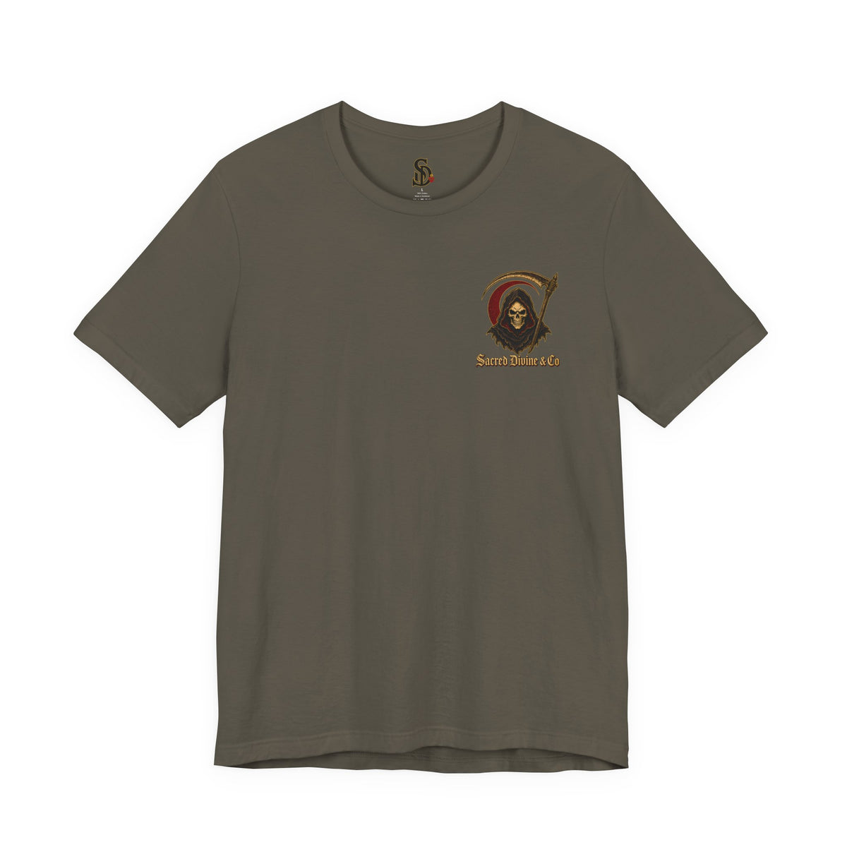 Grim Reaper Graphic Tee army front flat-lay — Grim Reaper skull scythe red circle Sacred Divine & Co. left chest graphic