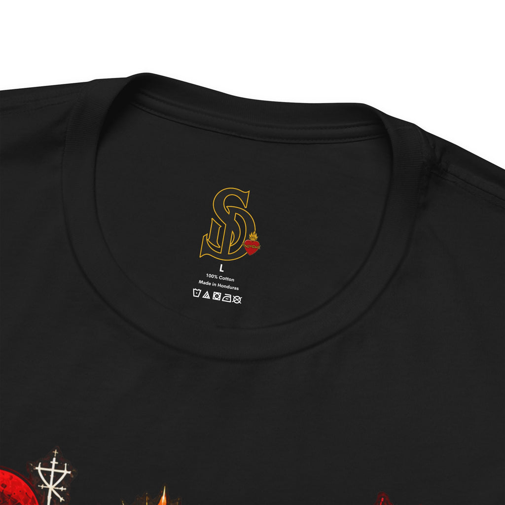 Day of the Dead Gothic Tee product mockup with skeletal Day of the Dead artwork and red accents