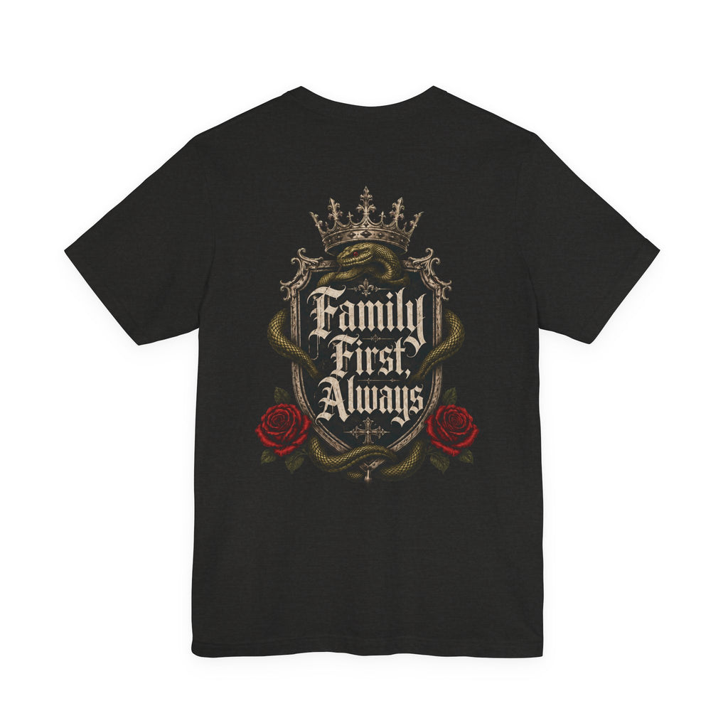 Family First Always Tee black heather back flat-lay — Family First Always gothic crest full back graphic with Sacred Divine & Co. wordmark