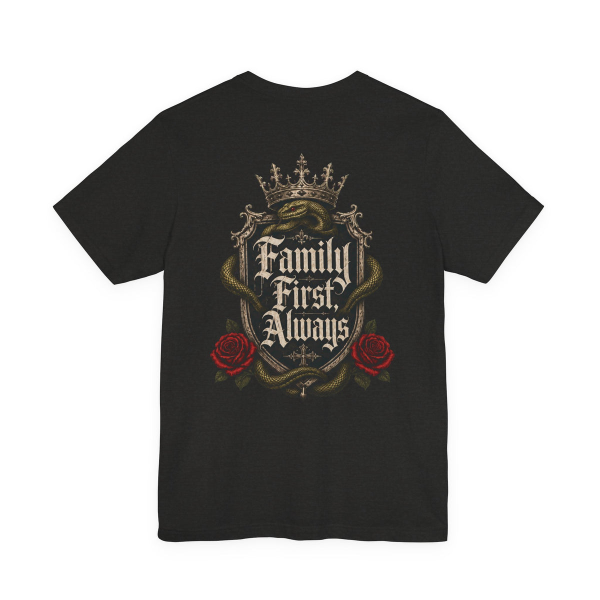 Family First Always Tee black heather back flat-lay — Family First Always gothic crest full back graphic with Sacred Divine & Co. wordmark