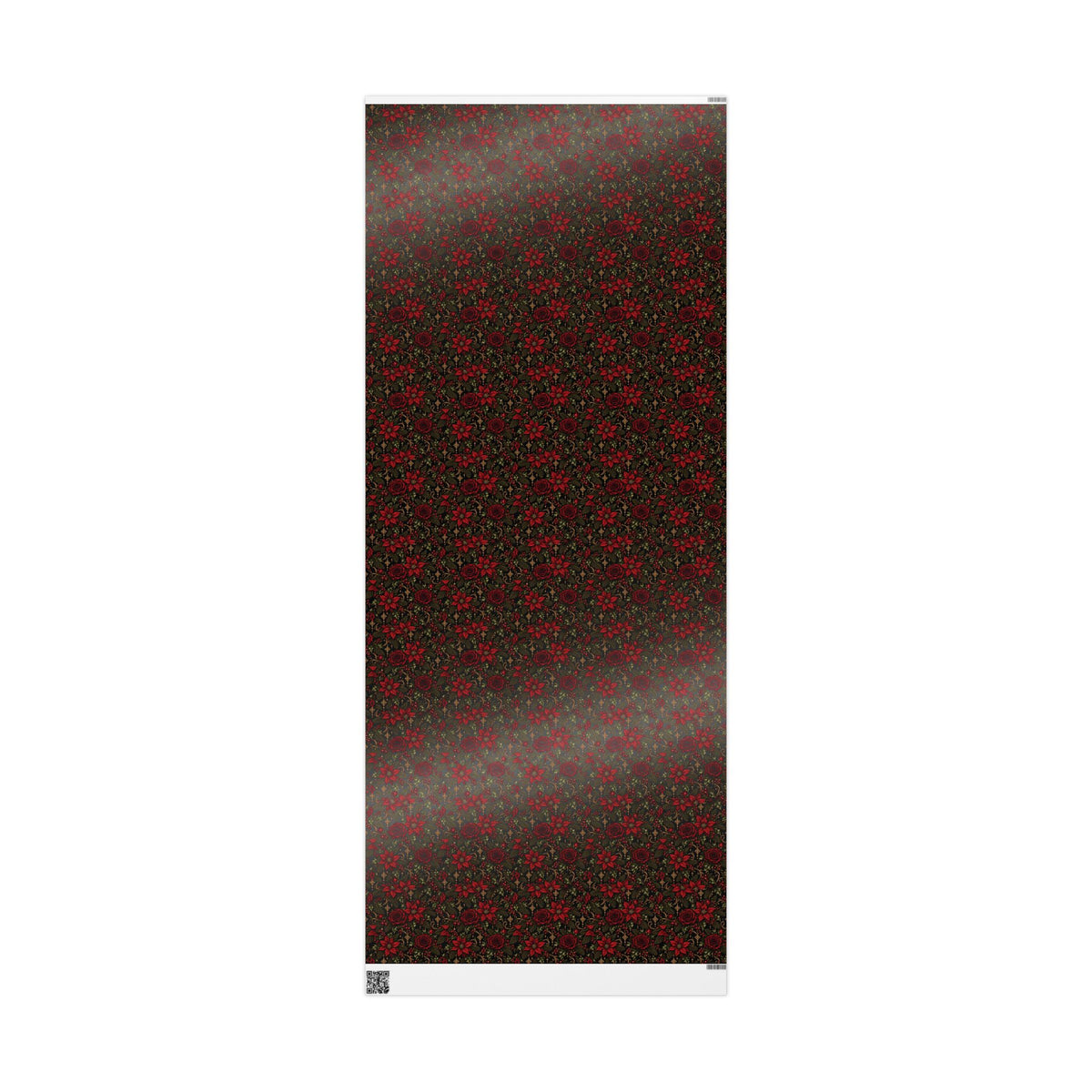 Full-length glossy Dark Botanical Floral wrapping paper panel showing the printed design with a white edge and QR code.